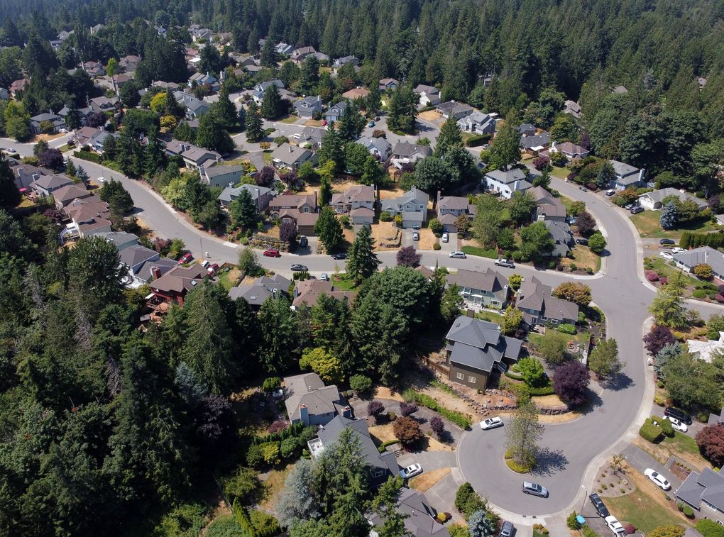 A Sammamish neighborhood of single-family homes is seen from the air, about 2 miles north of a controversial planned mixed-use development. (Ken Lambert / The Seattle Times)