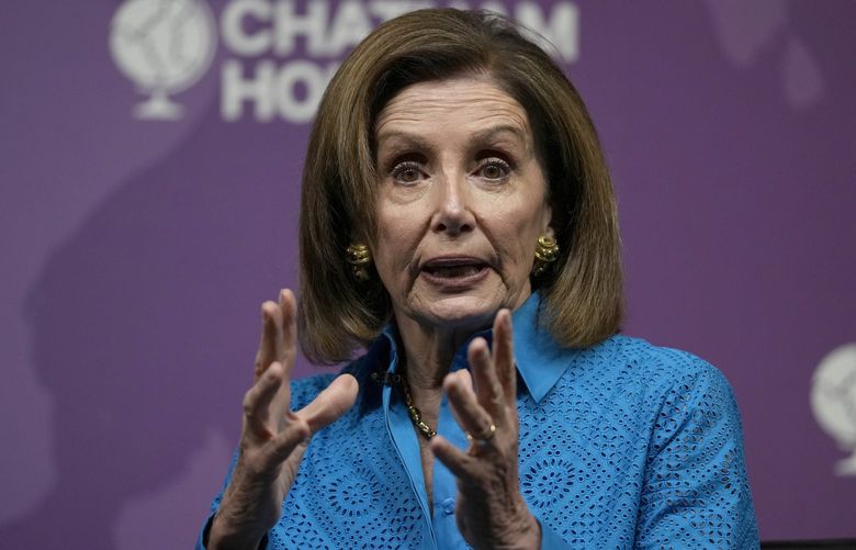 United States House Speaker Nancy Pelosi speaks at Chatham House, the Royal Institute of International Affairs, in London on Friday, September 17, 2021.  (AP Photo / Frank Augstein) FAS106 FAS106
