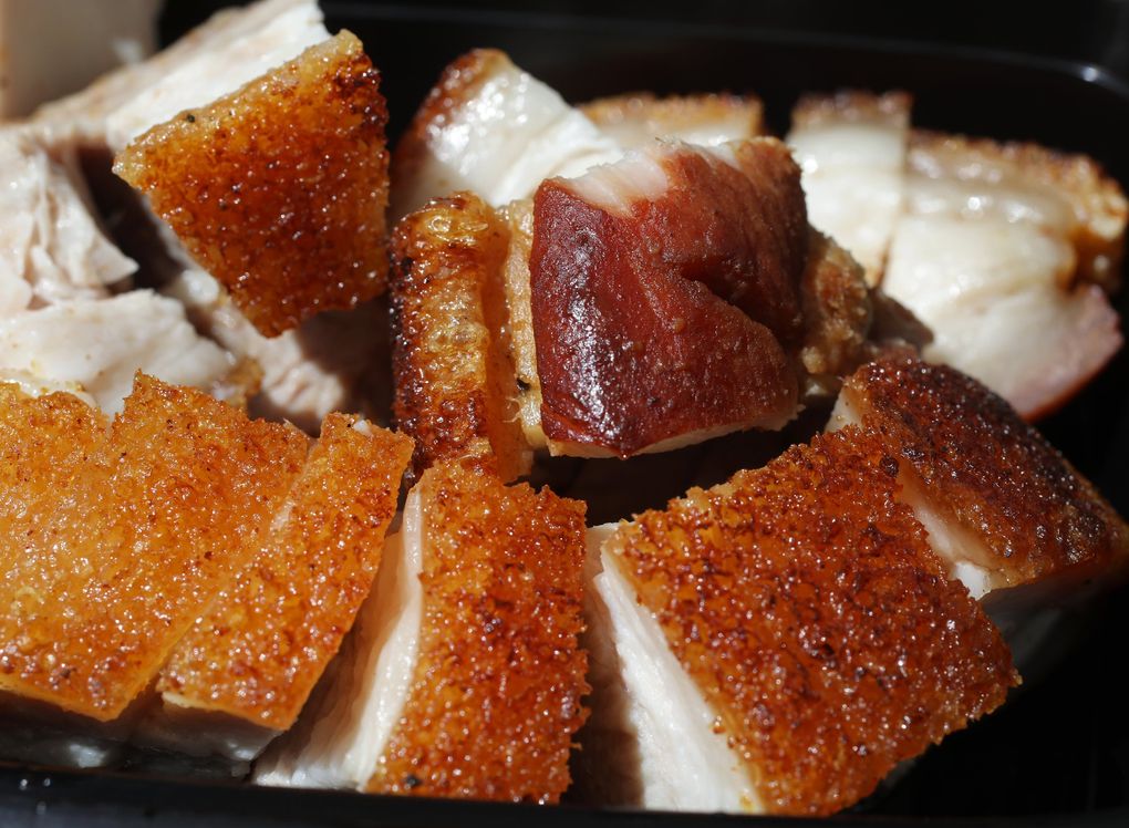 Roast pork, Famous Kitchen: The roast pork at this Cantonese restaurant in an Issaquah strip mall is crispy on the outside, succulent inside. (Ken Lambert / The Seattle Times)