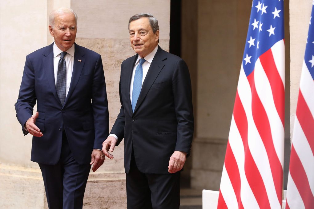 U.S. President Joe Biden, left, and Mario Draghi, Italy’s prime minster, at the Chigi Palace in Rome, Italy, on Friday, Oct. 29, 2021, for the “Group of 20” world leaders’ summit. “In high-income countries, more than 70% of the population has received at least one dose,” Draghi said. “In the poorest ones, this percentage drops to roughly 3%.” “These differences are morally unacceptable and undermine the global recovery.” (Bloomberg)