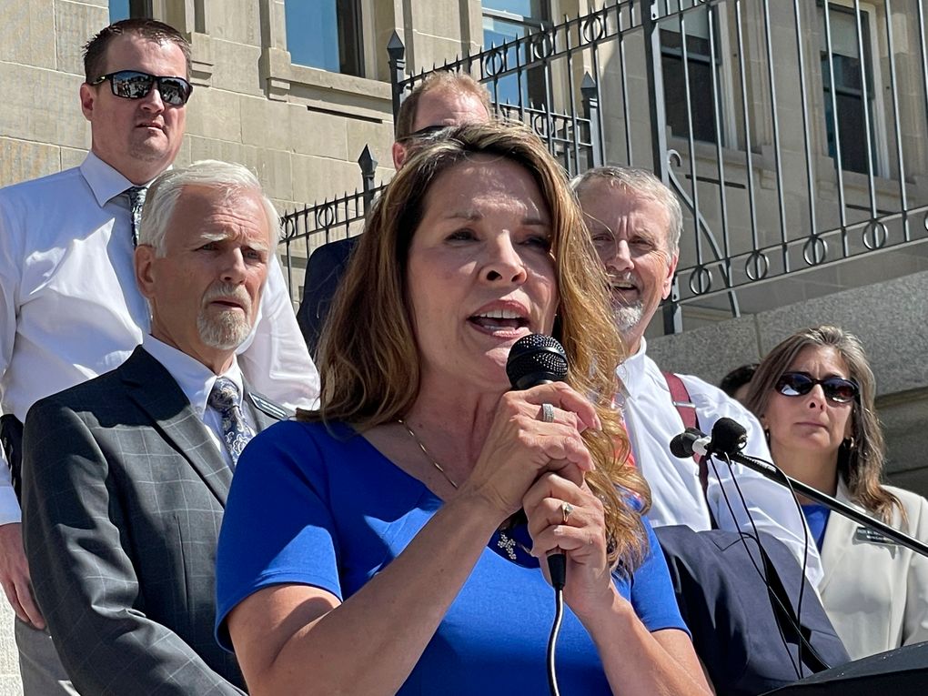 FILE – In this Sept. 15, 2021 file photo Republican Lt. Gov. Janice McGeachin addresses a rally on the Statehouse steps in Boise, Idaho. Idaho Gov. Brad Little said he will rescind an executive order involving COVID-19 vaccines by McGeachin, and the commanding general of the Idaho National Guard also on Tuesday, Oct. 5 told McGeachin she can’t activate troops to send to the U.S.-Mexico border. Little and Major General Michael J. Garshak made the decisions as McGeachin attempted to exercise her authority as acting governor with Little out of the state. (AP Photo/Keith Ridler,File)