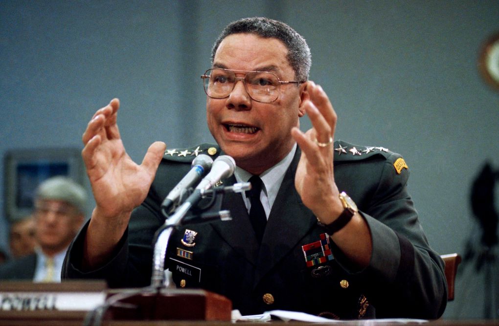 FILE – In this Sept. 25, 1991, file photo, Gen. Colin Powell, chairman of the Joint Chiefs of Staff, speaks on Capitol Hill in Washington, at a House Armed Services subcommittee. Powell, former Joint Chiefs chairman and secretary of state, has died from COVID-19 complications, his family said Monday, Oct. 18, 2021. (AP Photo/Marcy Nighswander, File)