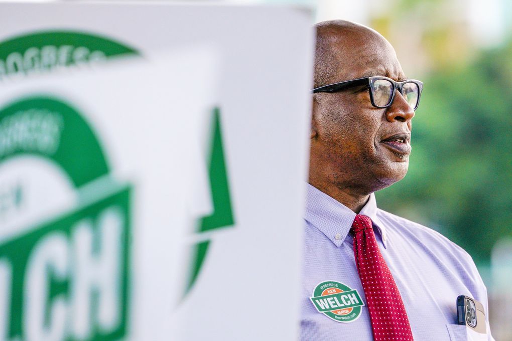 Ken Welch, Newly Elected Mayor Of St. Petersburg, Florida.  Thirty Years Ago, Welch'S Father Had Unsuccessfully Aspired To Become The City'S First Black Mayor.  Welch Donned His Father'S Button On Tuesday.  (Martha Asensio-Reign / Tampa Bay Times Via Ap)