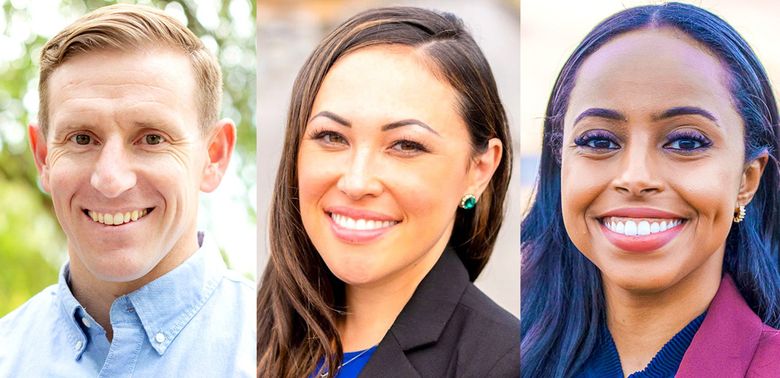 Port of Seattle Commission Position No. 1 incumbent Ryan Calkins, left, Position No. 4. winner Toshiko Grace Hasegawa, center, Position No. 3 winner Hamdi Mohamed. (Courtesy the campaigns)