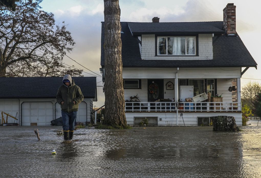 Benjamin Lopez, 17, leaves his home as the Skagit River surrounds the house and floods the area along Highway 20 near Sterling, Skagit County.